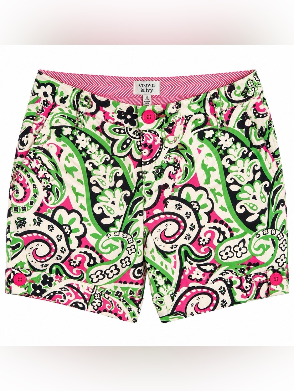 Crown & Ivy Paisley Shorts Women’s Size 12 Pink Green 5.5” Inseam
